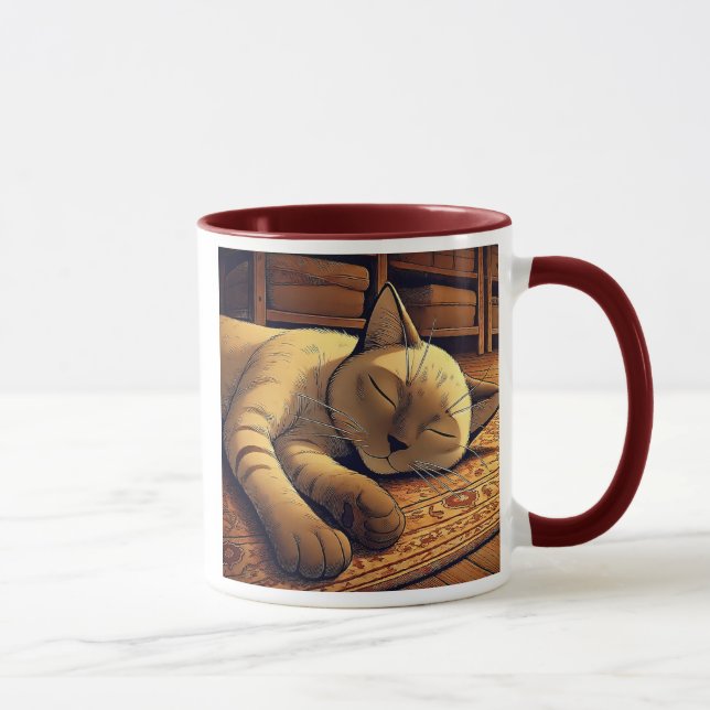Caneca Un chat gris endormi dans un salon cosy. (Direita)