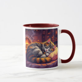 Caneca Un chat gris endormi dans un salon cosy.