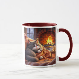 Caneca Un chat gris qui dort près du feu.