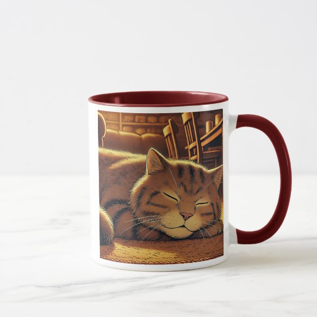Caneca Un chat roux endormi sur un tapis moelleux. (Direita)