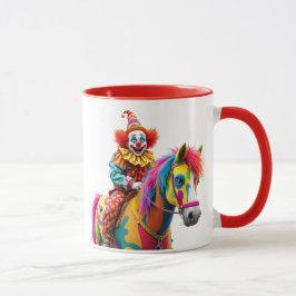 Caneca Un clown monte un cheval arc-en-ciel.