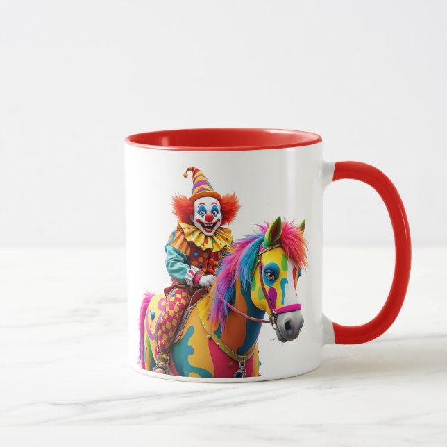 Caneca Un clown monte un cheval arc-en-ciel. (Direita)
