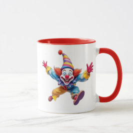 Caneca Un clown rigolo saute en l'air en rigolant.