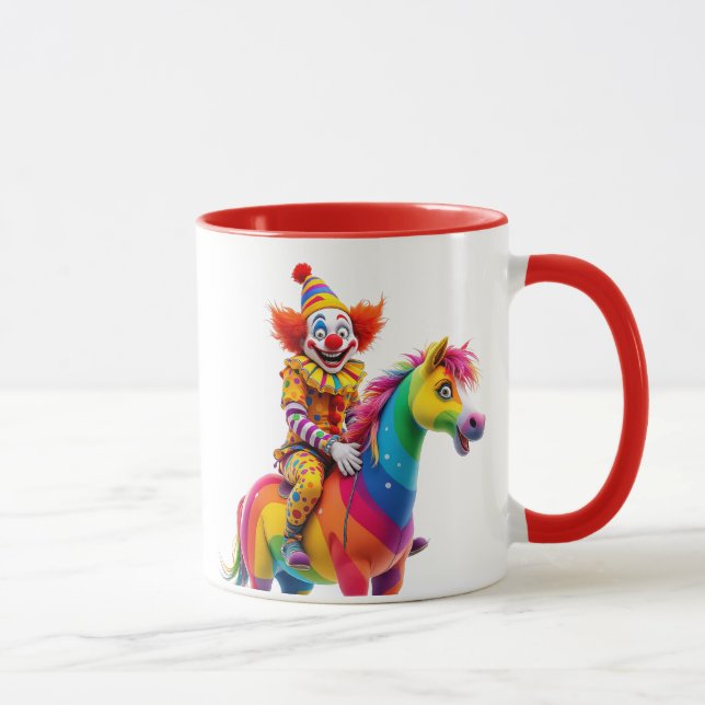 Caneca Un clown sur son cheval arc en ciel. (Direita)