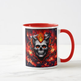 Caneca Un crâne effrayant et stylisé entouré de flammes.
