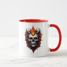 Caneca Un crâne stylisé aux yeux rouges brillants.
