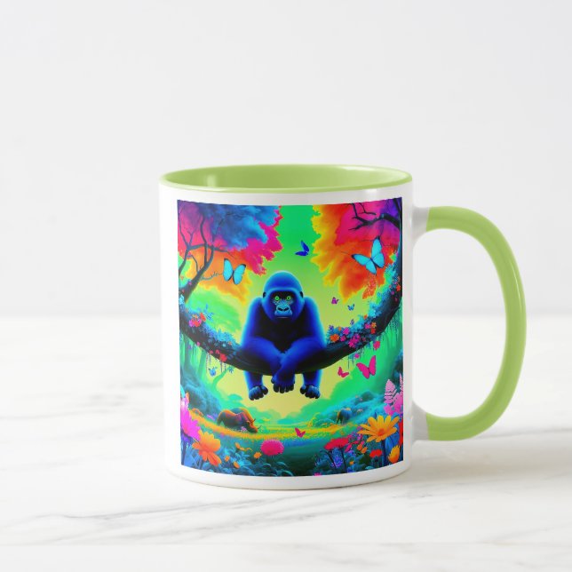Caneca Un gorille bleu dans une forêt pleine de couleurs. (Direita)