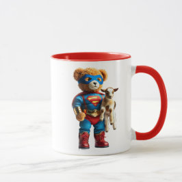 Caneca Un ours super-héros tenant un chevreau.
