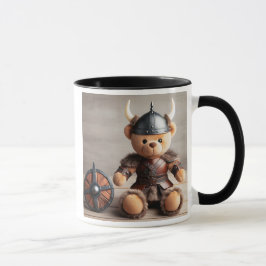 Caneca Un ours viking en peluche avec casque et bouclier.