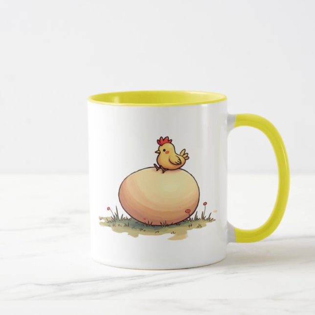 Caneca Un poussin couve un œuf. (Direita)