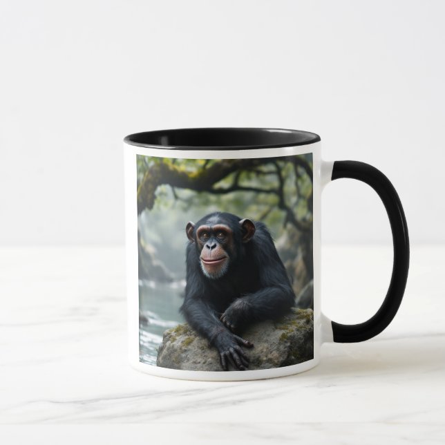 Caneca Un singe chimpanzé au repos sur un rocher. (Direita)