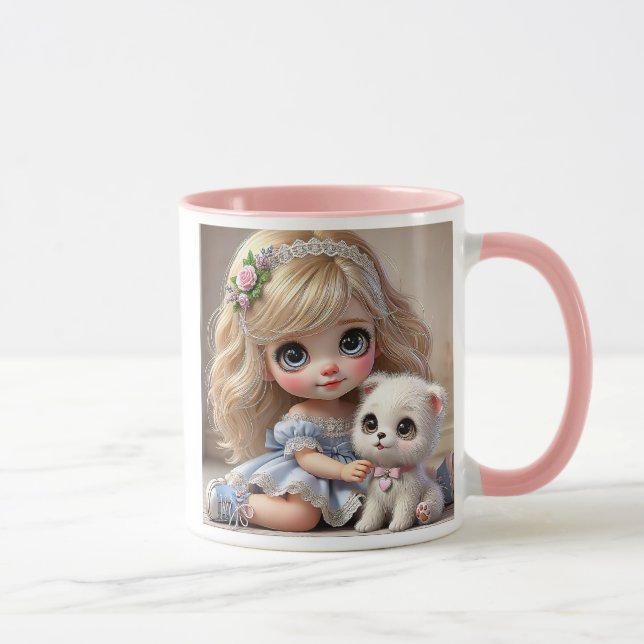 Caneca Une adorable fillette et son chiot au style tendre (Direita)