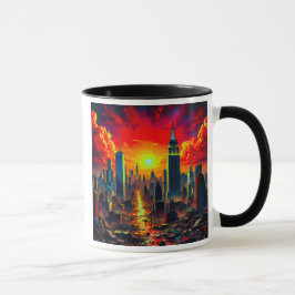 Caneca Une cité futuriste sous un ciel en enflammé.