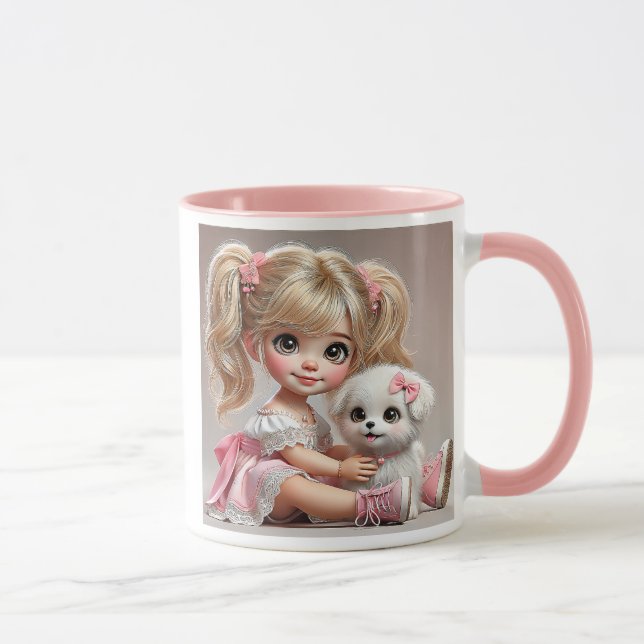 Caneca Une fillette pétillante et son adorable chiot. (Direita)