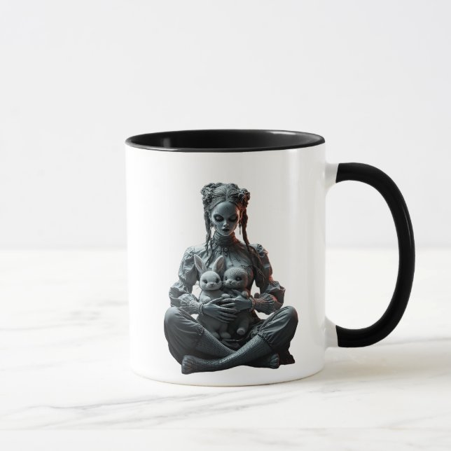 Caneca Une jeune fille avec deux lapins mignons. (Direita)