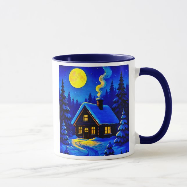 Caneca Une maison par une belle nuit d'hiver. (Direita)