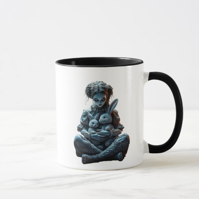 Caneca Une poupée étrange avec des lapins bizarres. (Direita)