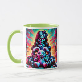 Caneca Une poupée maléfique et son lapin préféré.