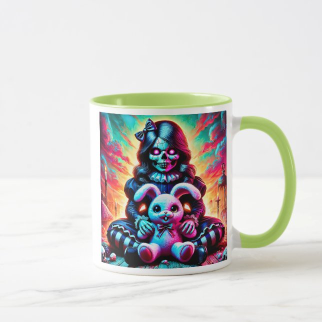 Caneca Une poupée maléfique et son lapin préféré. (Direita)