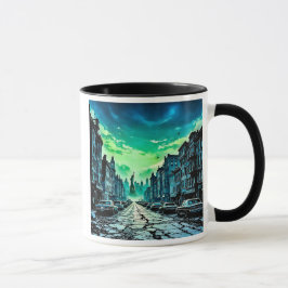 Caneca Une rue urbaine sous un ciel menaçant.