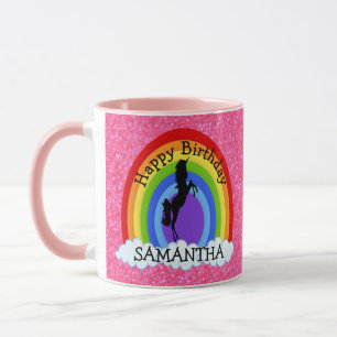 Caneca Unicorn Black Happy BIRTHDAY Pink Glitter Mug