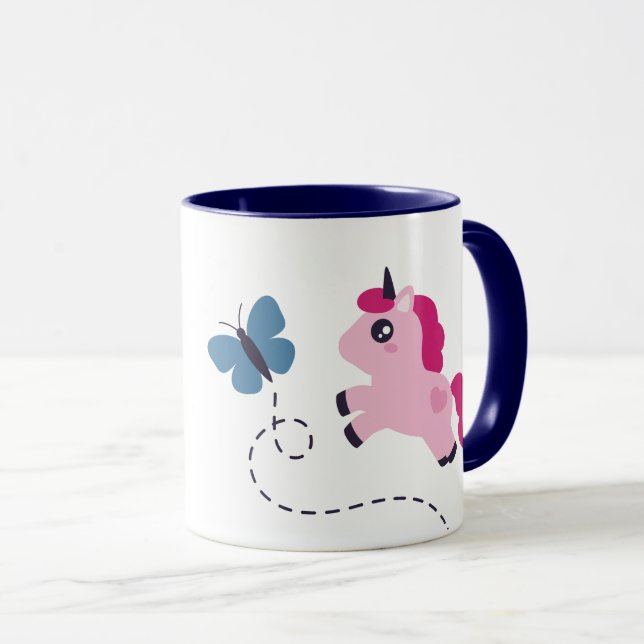 Caneca Unicórnio Cor-de-Rosa Bonito com Borboleta (Frente Esquerda)