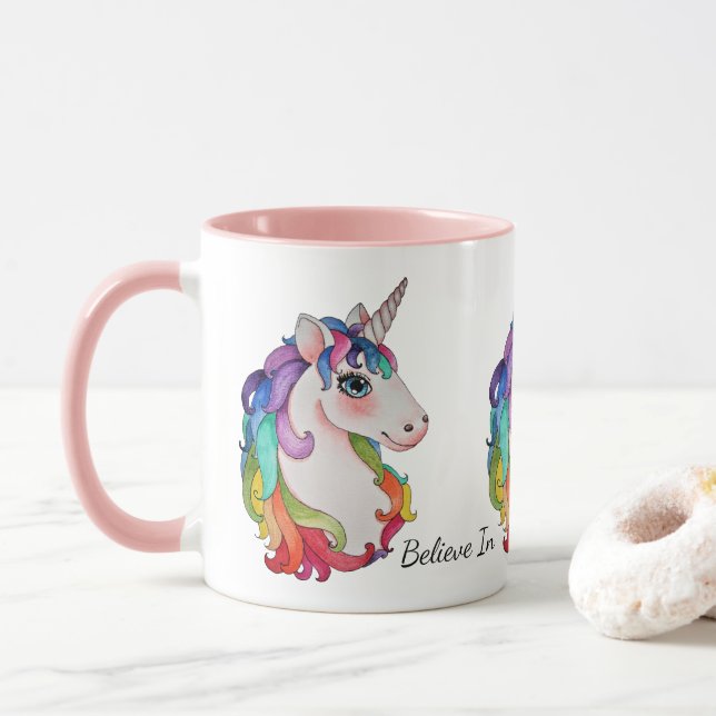 Caneca Unicórnio da aguarela com cabelo do arco-íris (Com Donut)