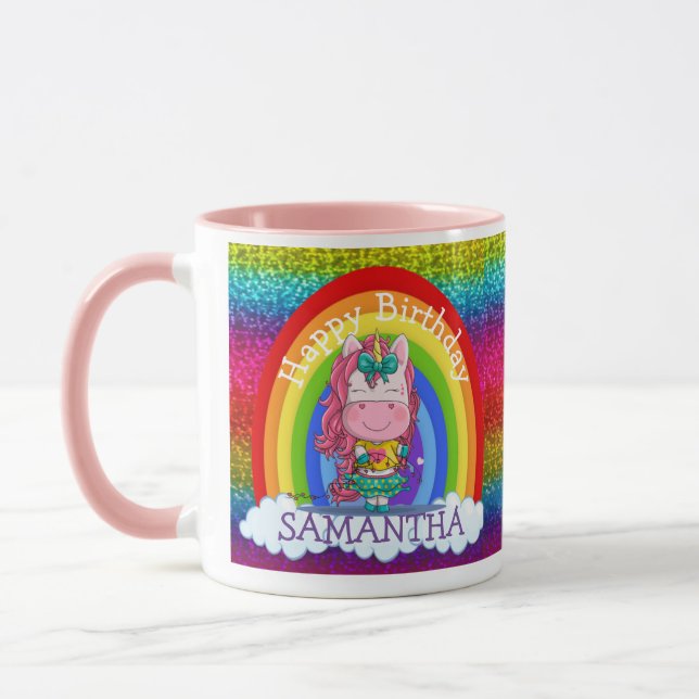 Caneca Unicórnio Feliz BIRTHDAY Glitter Arco-Íris (Esquerda)