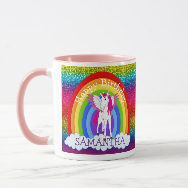 Caneca Unicórnio Feliz BIRTHDAY Rainbow Glitter Mug (Esquerda)