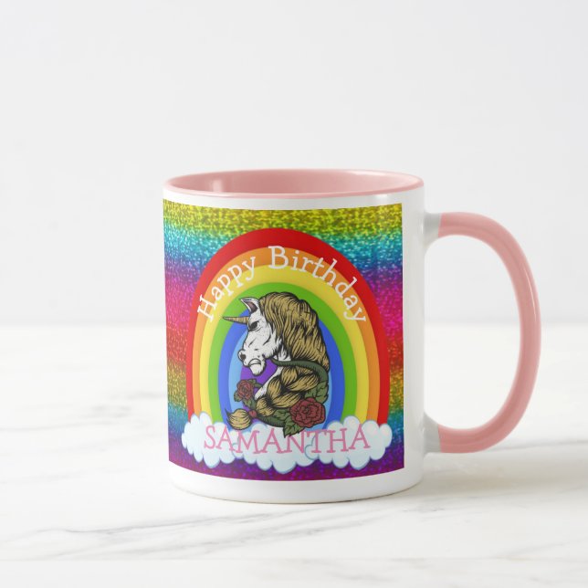 Caneca Unicórnio Feliz BIRTHDAY Rainbow Glitter Mug (Direita)