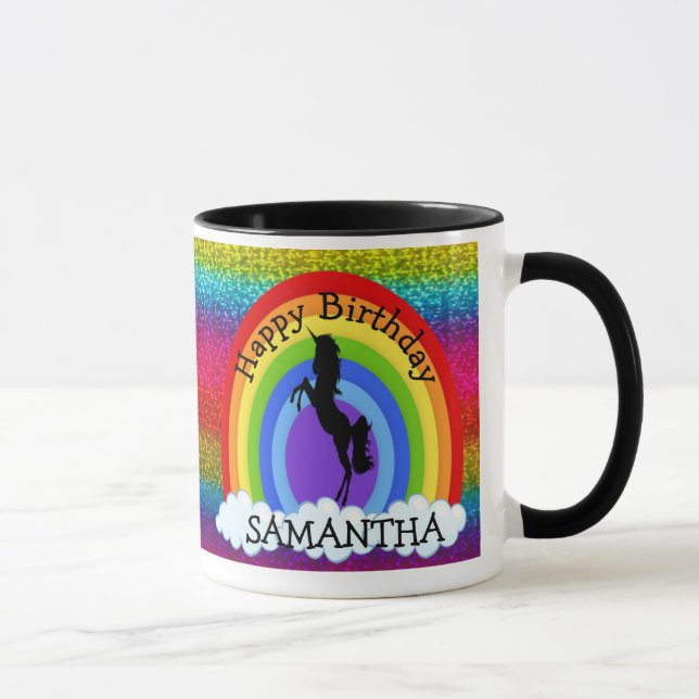 Caneca Unicórnio Feliz BIRTHDAY Rainbow Glitter Mug (Direita)