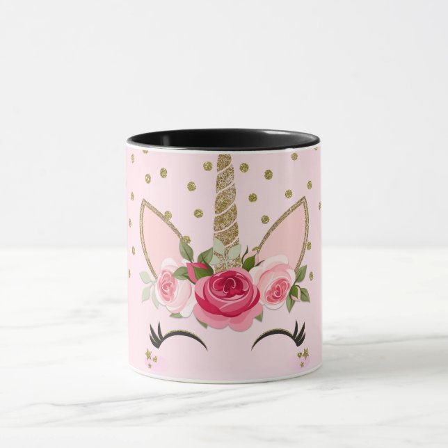 Caneca Unicórnio Floral Rosa e Brilho Dourado Fashion (Centro)