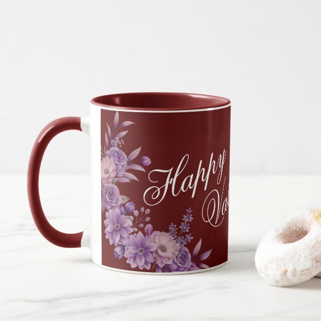 Caneca Unique Stylish Floral Happy Valentine's Day Maroon (Com Donut)