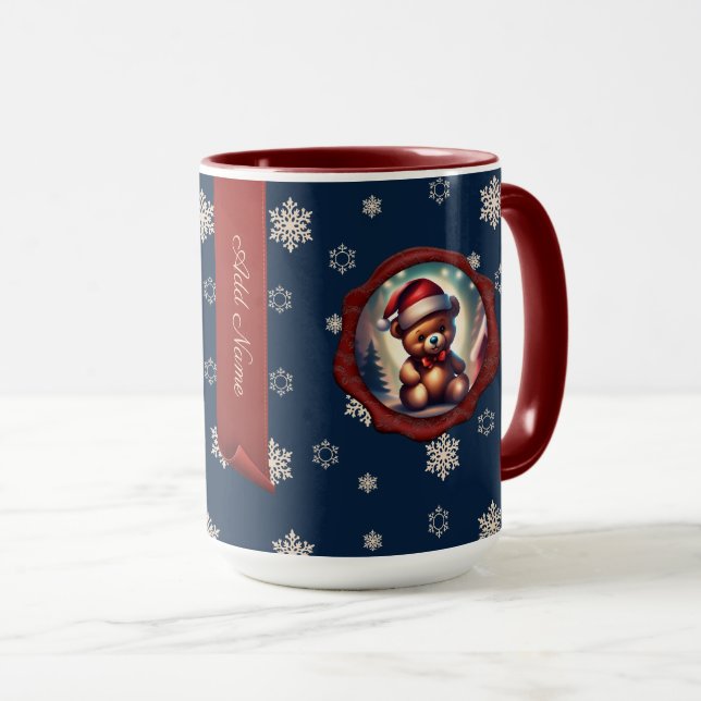 Caneca Ursinho de Natal Árvore Personalizada Banner Azul (Frente Esquerda)