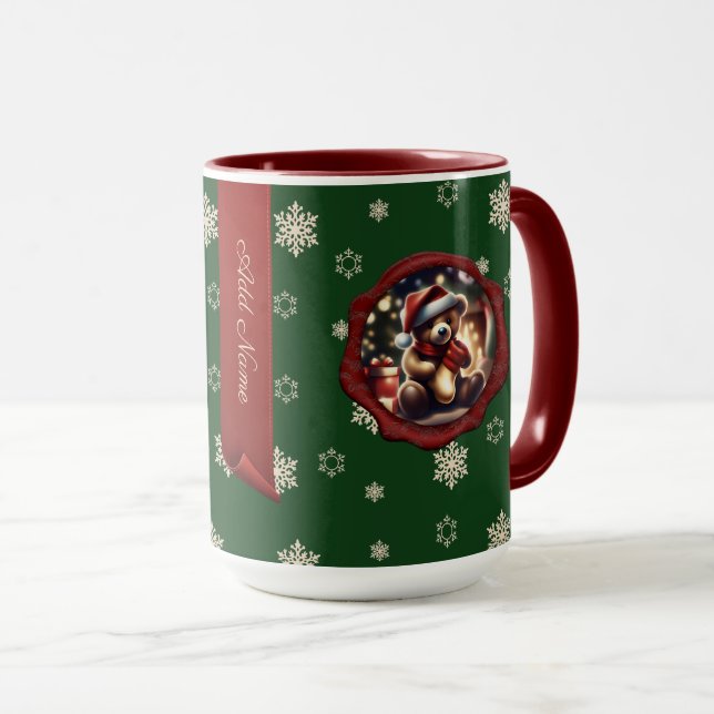 Caneca Ursinho de Natal estocando faixa personalizada ver (Frente Esquerda)