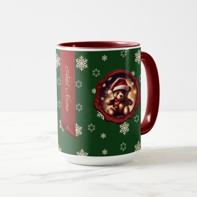 Caneca Ursinho de Natal estrelas personalizadas faixa ver (Frente Esquerda)