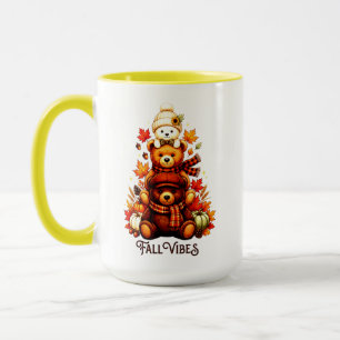 Caneca Ursos Aconchegantes de Outono Empilhados Folhas de