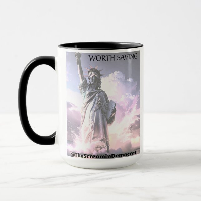 Caneca USA Is Worth Saving Lady Liberty Democracy Freedom (Esquerda)