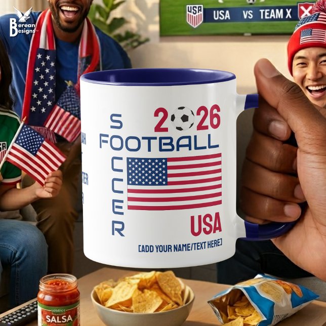 Caneca USSOCcer Custom 2026 QUALQUER ANO (Patriotic USA SOCCER 2026 flag mug for World soccer fans. Customizable name, year and text.)