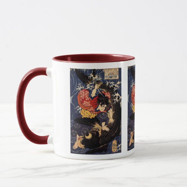 Caneca Utagawa Kuniyoshi, 鬼若丸の鯉退治 (Esquerda)