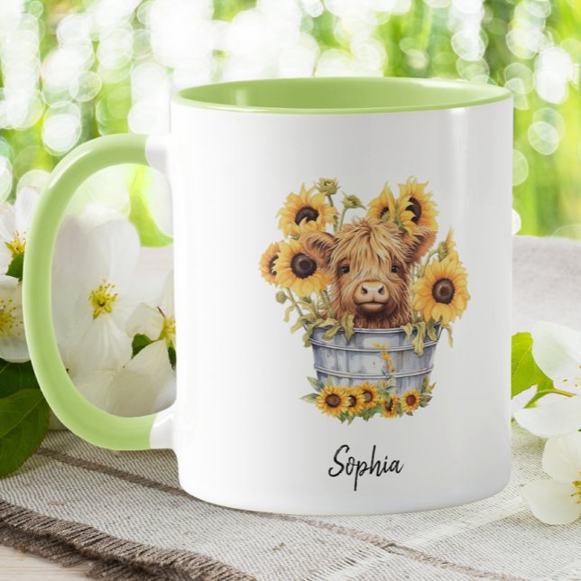 Caneca Vaca das terras altas, em Balde, Sunflower Floral (Criador carregado)