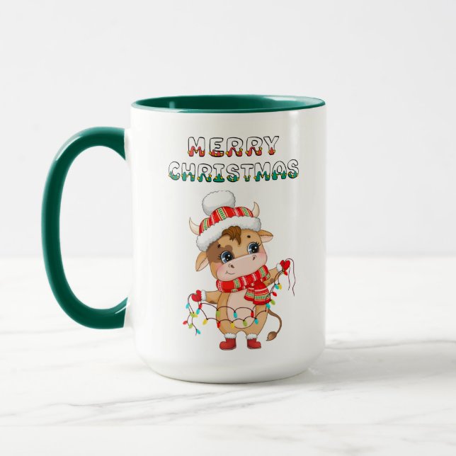 Caneca Vaca de Natal bonita vestindo roupa de inverno (Esquerda)