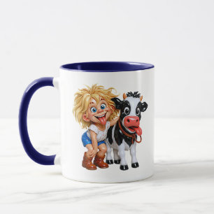 Caneca Vaca engraçada desenho animado menina colocando lí