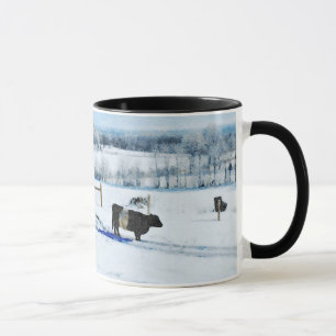 Caneca Vaca Galloway Cinzenta Abaixo de Neve na Aquarela