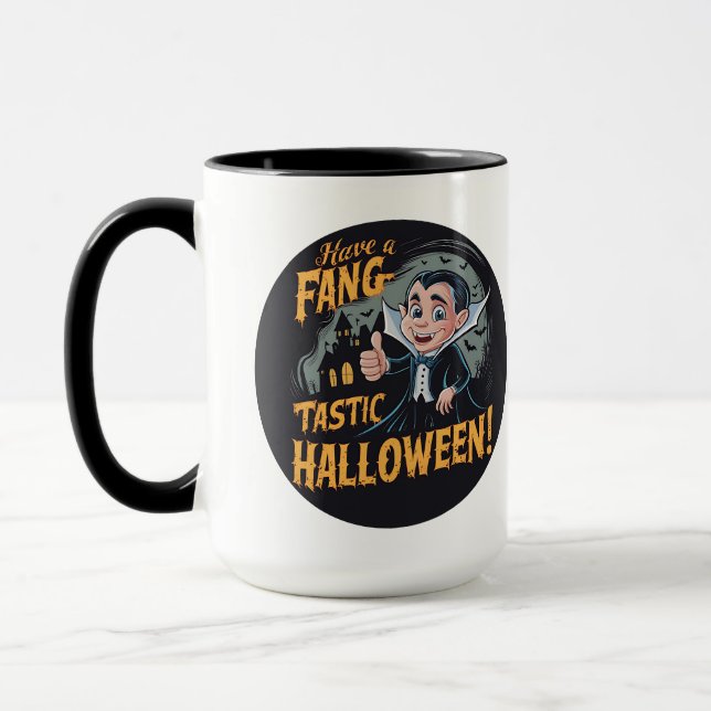 Caneca Vampiro Engraçado Tem um Halloween Fang-Tástico (Esquerda)