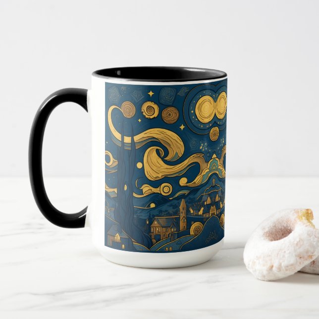 Caneca Van Gogh Mugs - IA gerada pelo Starry Night design (Com Donut)