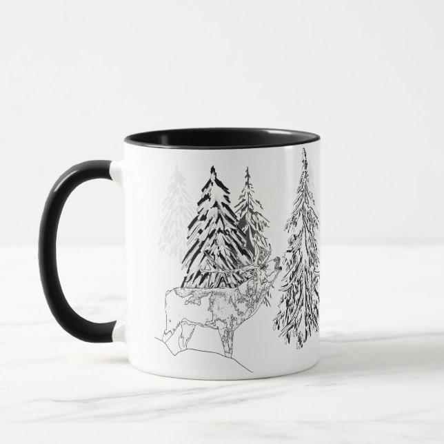 Caneca Veado, inverno, floresta, árvores de Natal, monocr (Esquerda)