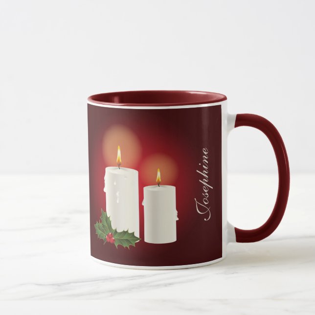Caneca Velas de Natal Brancas em Vermelho com Texto Perso (Direita)