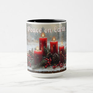 Caneca Velas de Natal Vermelhas Pinhas Paz na Terra