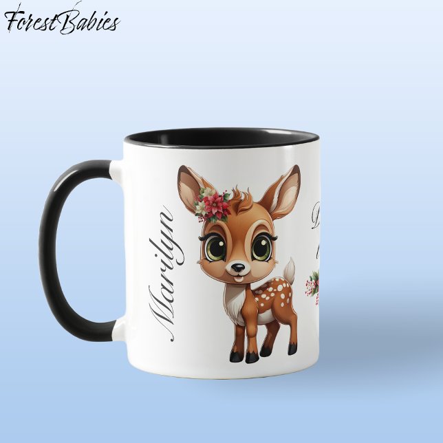 Caneca Vencedor Único, Fawn, Doe 🦌 🎄 Adormecido (Cute Baby Deer, Floral Fawn, Doe Lover 🦌 Poinsettia Flowers Black Deer-ly Loved ForestBabies  Mug)